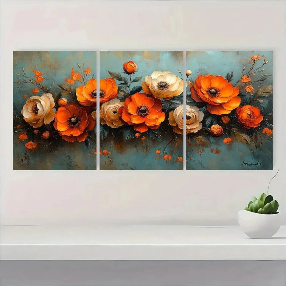 3pcs Elegant Floral Vibrant Orange White Flowers Metal Print Ready to Hang Art