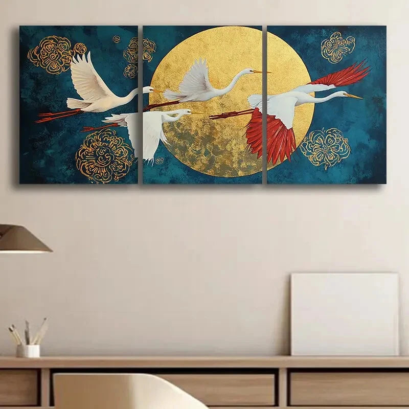 3pcs White Heron in Flight Full Moon Metal Print Ready to Hang Art