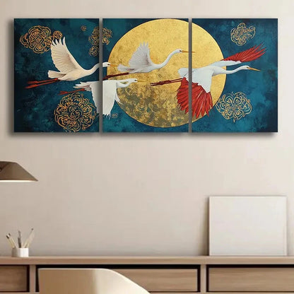 3pcs White Heron in Flight Full Moon Metal Print Ready to Hang Art