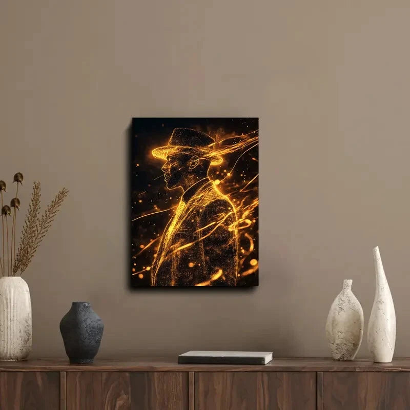 Glowing Silhouette Wearing His Iconic Fedora Jacket  40x60cm Metal Print Ready to Hang