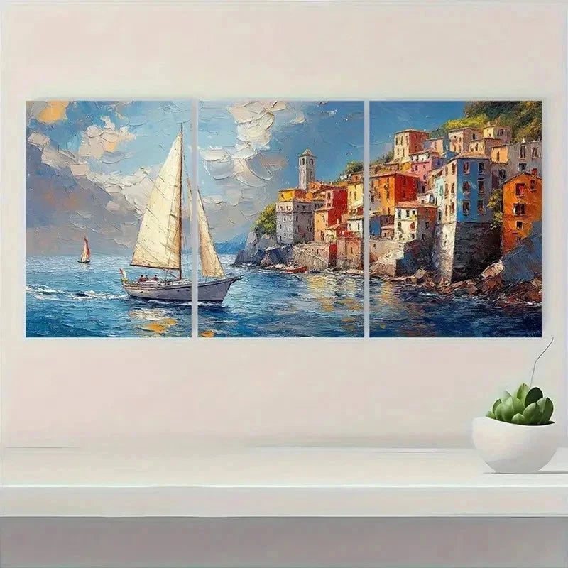 3pcs Vibrant Sailboat & Coastal Town Perfect Wall Art Set Canvas Framed 40x60cm - High Quality Print 100% Australian Made Wall Canvas Ready to Hang
