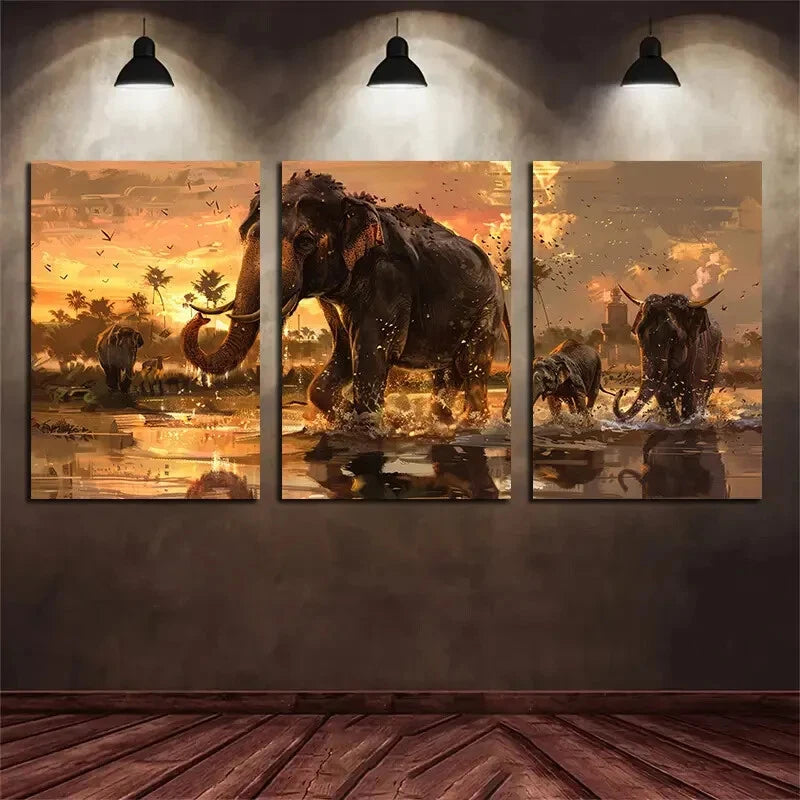 3pcs Woolly Mammoth and Animals River Crossing Metal Print Ready to Hang Art