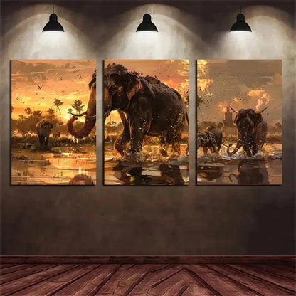 3pcs Woolly Mammoth and Animals River Crossing Metal Print Ready to Hang Art