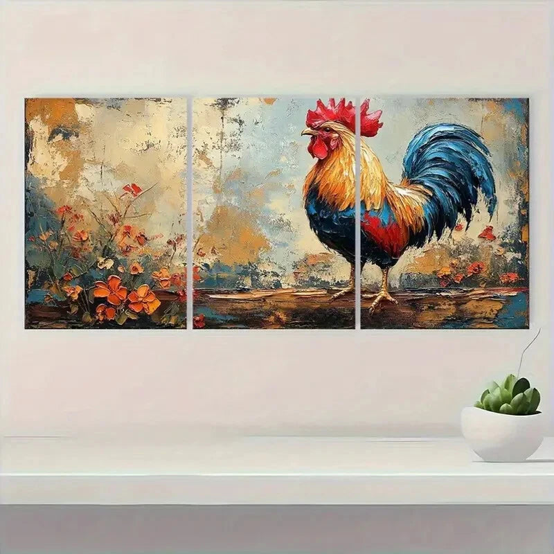 3pcs Vibrant Blue Red & Golden Rooster Metal Print Ready to Hang Art