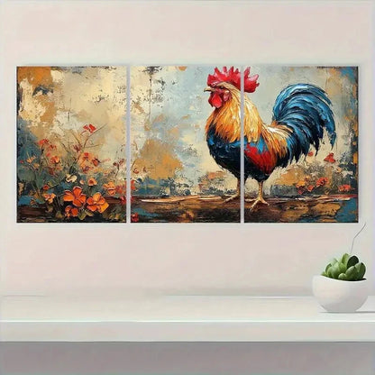 3pcs Vibrant Blue Red & Golden Rooster Metal Print Ready to Hang Art