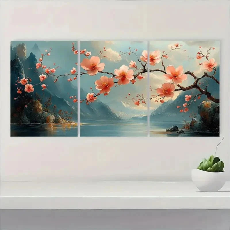 3pcs Vibrant Peach Blossom Landscape Metal Print Ready to Hang Art