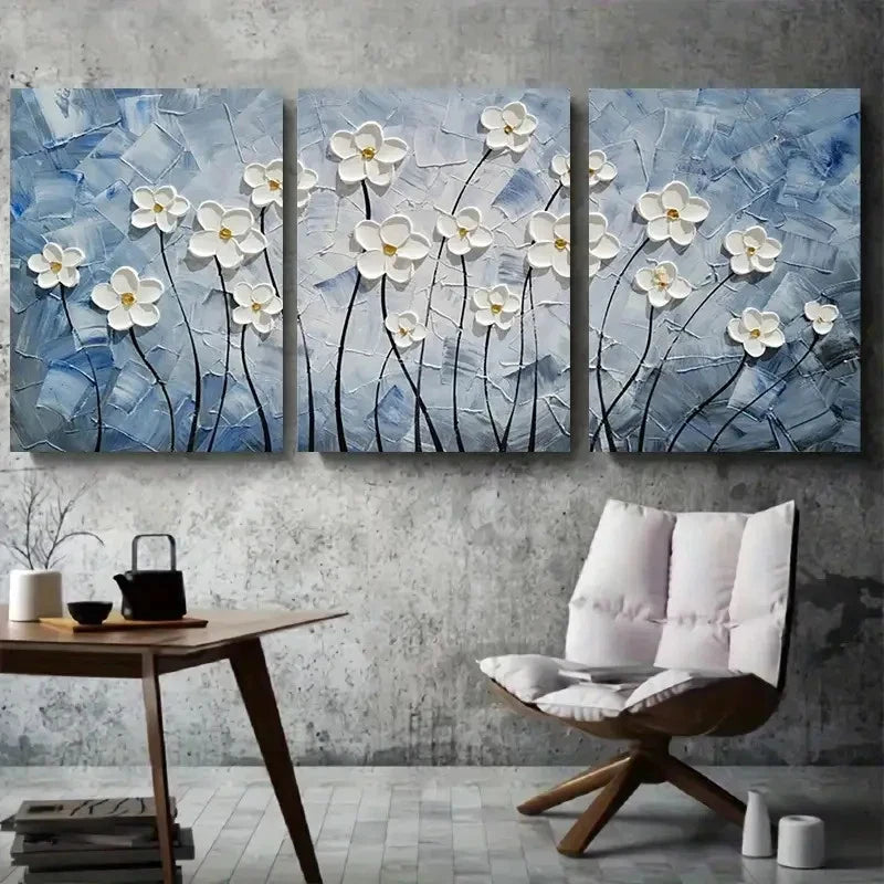 3pcs Textured White Flower Blue Background Metal Print Ready to Hang Art