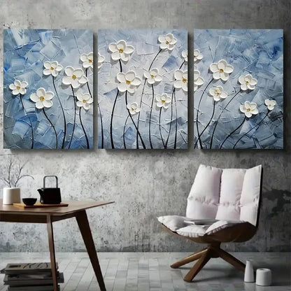 3pcs Textured White Flower Blue Background Metal Print Ready to Hang Art