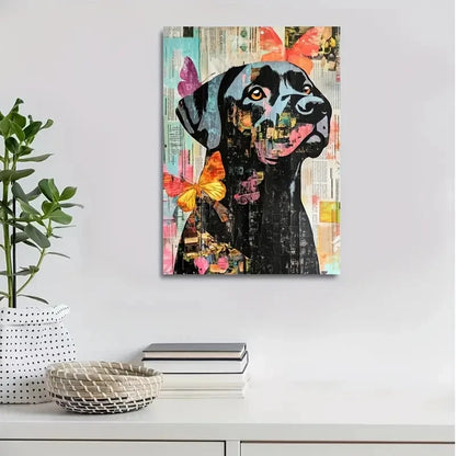 Depicting a Black Labrador Reading Newspapers Painting 40x60cm Metal Print Ready to Hang
