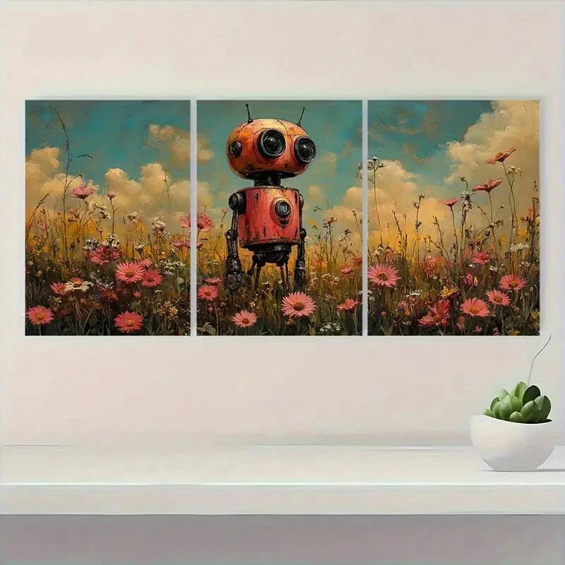 3pcs Whimsical Pink Robot & Wildflowers Metal Print Ready to Hang Art