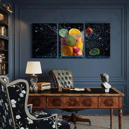 3pcs Vibrant Fruits Splash Artistic Photography Metal Print Ready to Hang Art