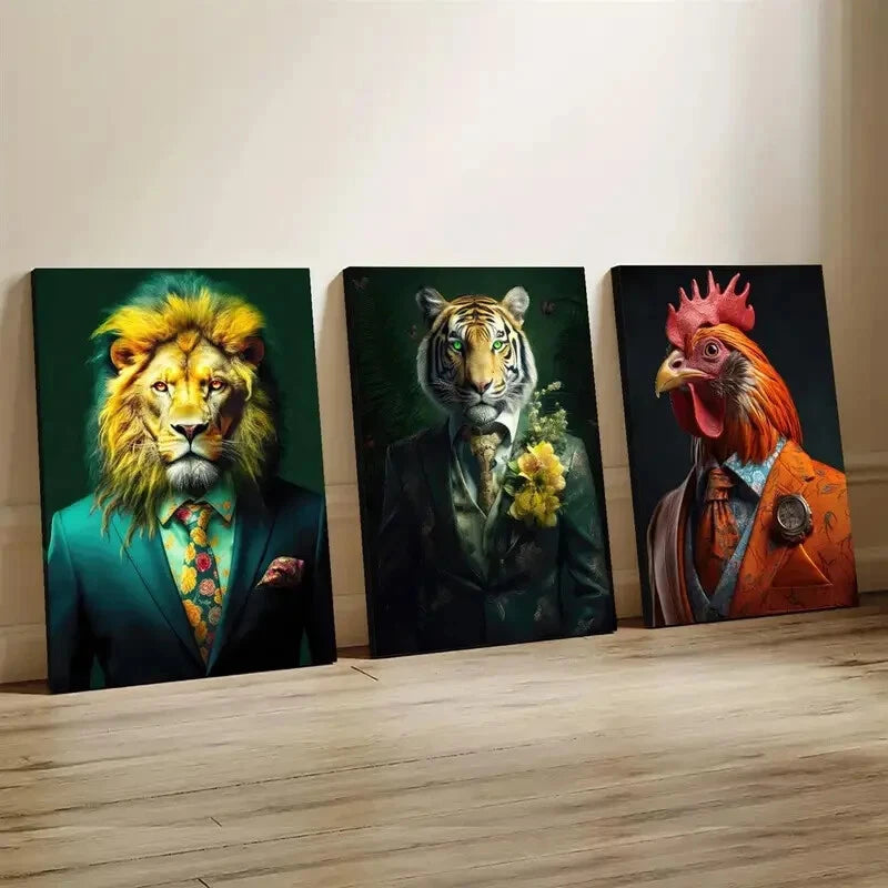 3pcs Rooster Tiger Lion Portrait Décor Perfect Wall Art Set Canvas Framed 40x60cm - High Quality Print 100% Australian Made Wall Canvas Ready to Hang