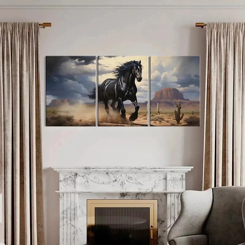 3pcs Black Horse in Monument Valley Wall Art Set Canvas Framed 40x60cm - High Quality Print 100% Australian Made Wall Canvas Ready to Hang