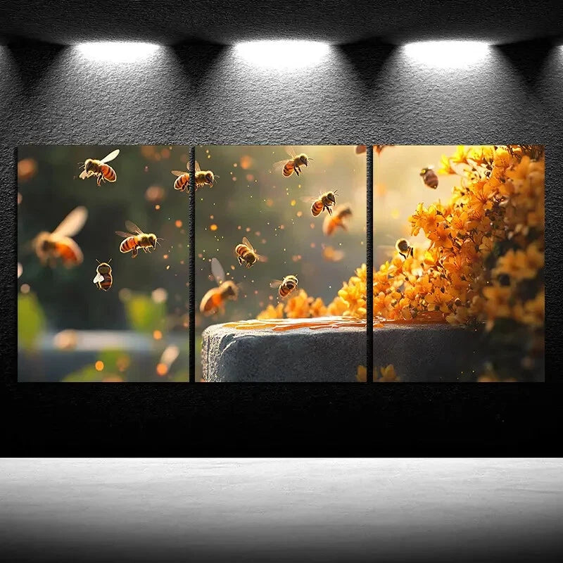 3pcs Bees on Osmanthus Insects Metal Print Ready to Hang Art
