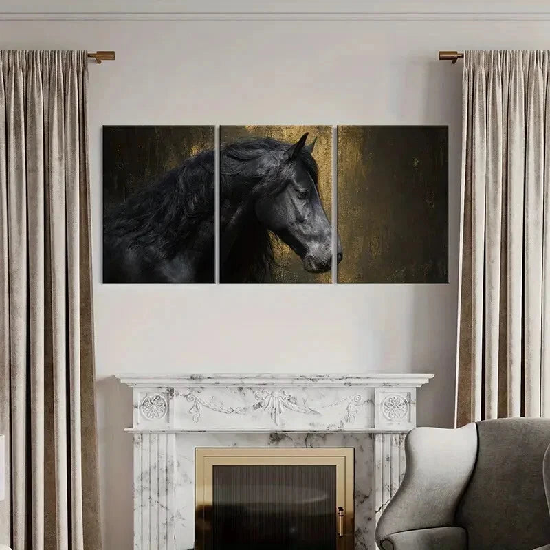 3pcs Elegant Black Golden Horse Portrait Metal Print Ready to Hang Art