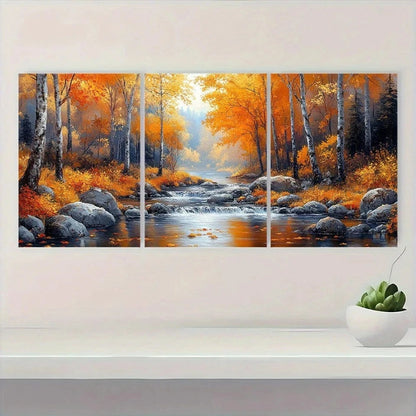 3pcs Autumn Scenery Vibrant Fall Leaves & River Metal Print Ready to Hang Art