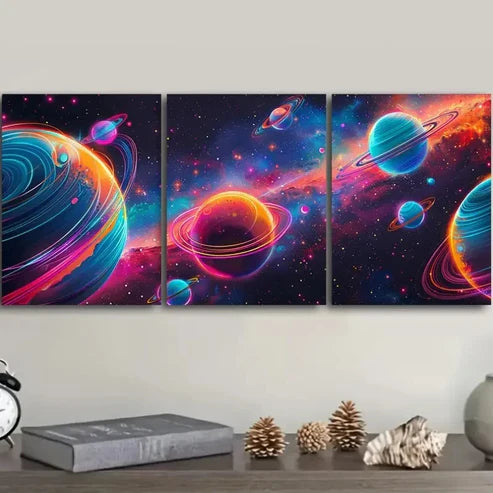 3pcs Neon Galaxy Design with Planets & Stars Wall Art Set Canvas Unframed - High Quality Print 100% Australian Made Wall Canvas