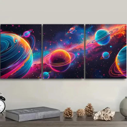 3pcs Neon Galaxy Design with Planets & Stars Wall Art Set Canvas Unframed - High Quality Print 100% Australian Made Wall Canvas