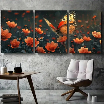 3pcs Butterfly and Orange Flowers Metal Print Ready to Hang Art