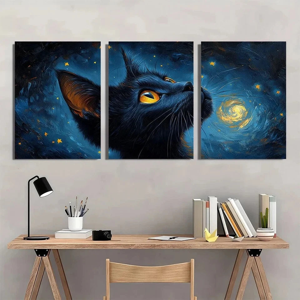 3pcs Gogh Starry Night Cat Stunning Golden Eyes Metal Print Ready to Hang Art