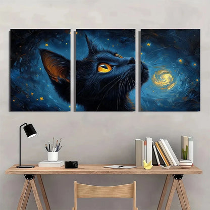 3pcs Gogh Starry Night Cat Stunning Golden Eyes Metal Print Ready to Hang Art