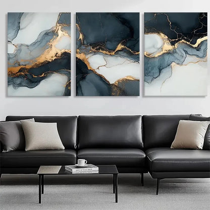 3pcs Elegant Marble Dark Blue and Golden Perfect Wall Art Set Canvas Framed 40x60cm - High Quality Print 100% Australian Made Wall Canvas Ready to Hang