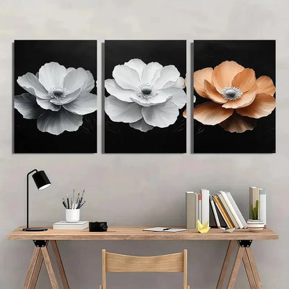 3pcs Elegant Floral White and Orange Flowers Metal Print Ready to Hang Art
