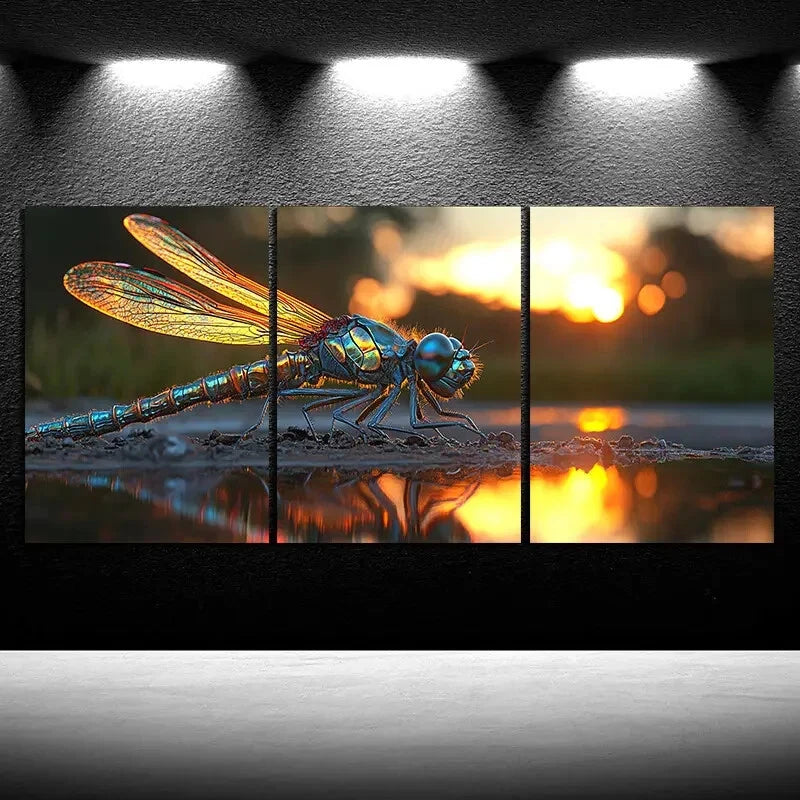 3pcs Dragonflies on The Stone Scenery Metal Print Ready to Hang Art