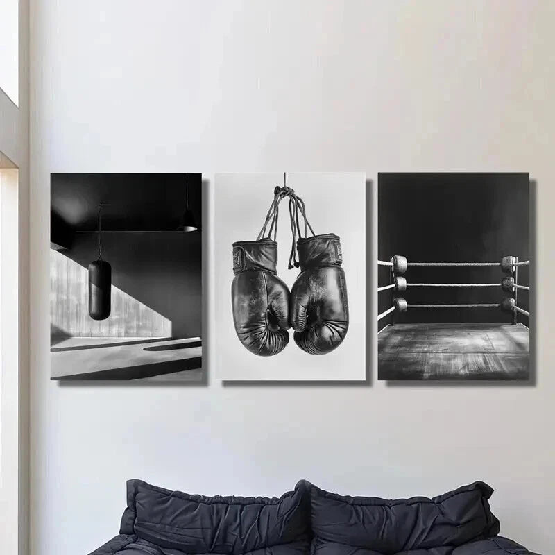 3pcs Black And White Boxing Ring Bag & Gloves Wall Art Set Canvas Framed 40x60cm - High Quality Print 100% Australian Made Wall Canvas Ready to Hang