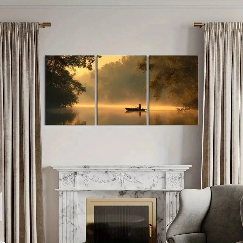 3pcs Golden Sunset Fishing Scene Serene Lake Metal Print Ready to Hang Art