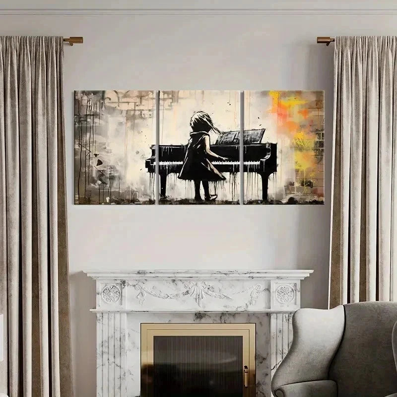 3pcs Vintage Little Girl Playing Piano Wall Art Set Canvas Framed 40x60cm - High Quality Print 100% Australian Made Wall Canvas Ready to Hang