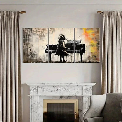 3pcs Vintage Little Girl Playing Piano Wall Art Set Canvas Framed 40x60cm - High Quality Print 100% Australian Made Wall Canvas Ready to Hang