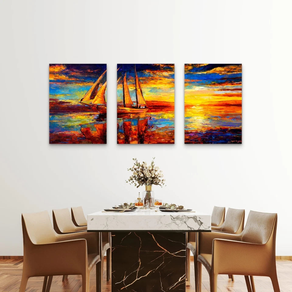 3pcs Golden Sunset Sailboats at Sea Wall Art Set Canvas Framed 50x70cm - High Quality Print 100% Australian Made Wall Canvas Ready to Hang