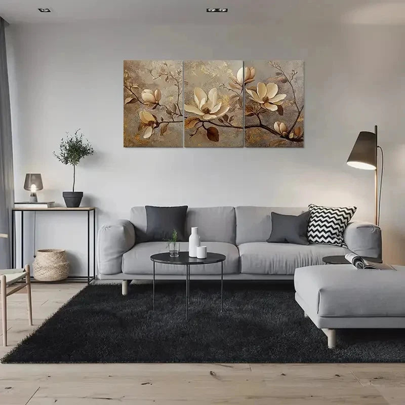 3pcs Modern Abstract Beige and Brown Flowers Metal Print Ready to Hang Art