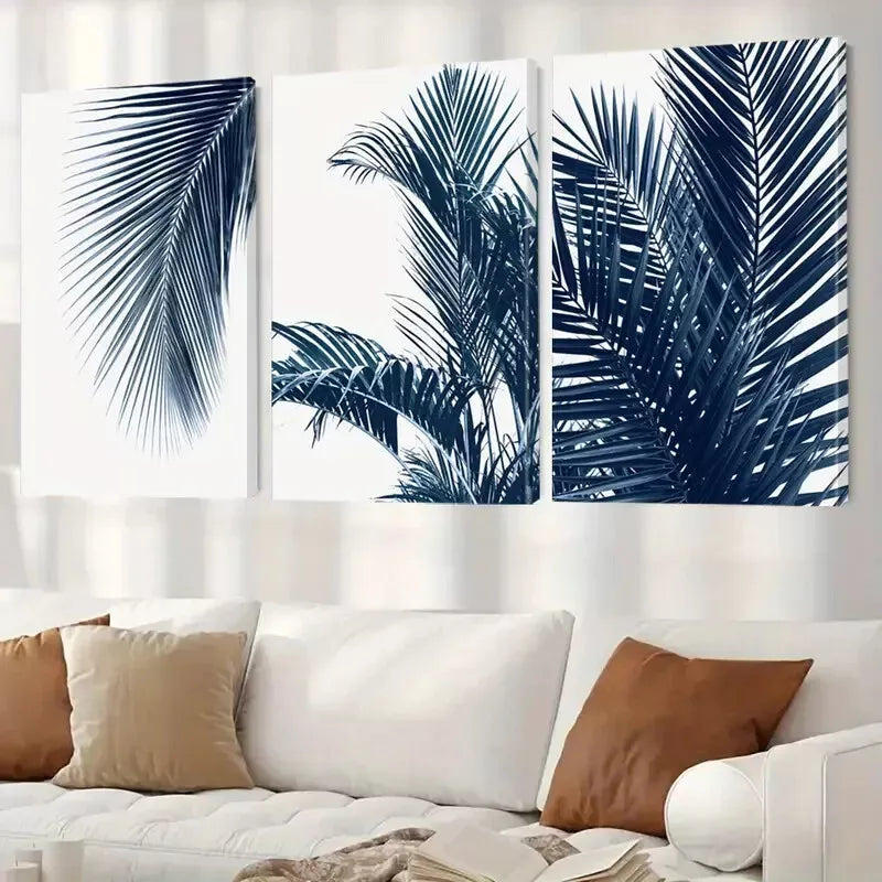 3pcs Classic Retro Minimalist Blue Palm Leaves wall Art Set Canvas Framed 50x70cm -  High Quality Print 100% Australian Made Wall Canvas Ready to Hang