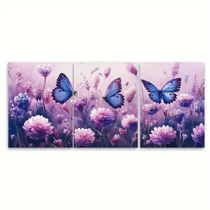 3pcs Soft Purple Pink Flowers Blue Butterflies Wall Art Set Canvas Framed 50x70cm - High Quality Print 100% Australian Made Wall Canvas Ready to Hang