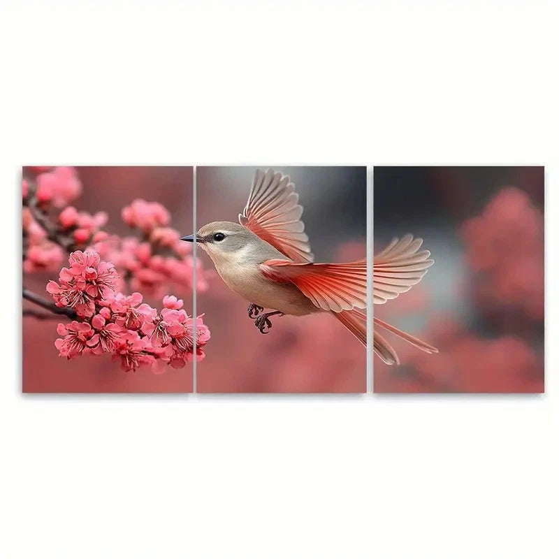 3pcs Bird Flying to Pink Branches TI Wall Art Set Canvas Framed 50x70cm - High Quality Print 100% Australian Made Wall Canvas Ready to Hang