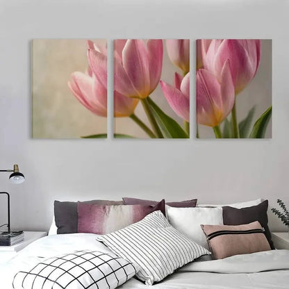 3pcs A Bouquet of Delicate Pink Tulips Flower Wall Art Set Canvas Framed 50x70cm - High Quality Print 100% Australian Made Wall Canvas Ready to Hang