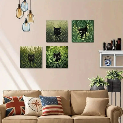 4pcs Black Cat In Green Leaves Picture Wall Art Canvas Framed