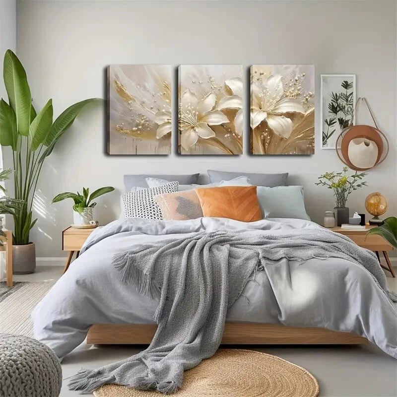 3pcs Textured Lily Golden Vintage Perfect Wall Art Set Canvas Framed 40x60cm - High Quality Print 100% Australian Made Wall Canvas Ready to Hang