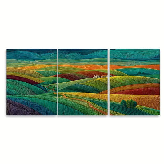 3pcs Colorful Hills Fields And Villages Metal Print Ready to Hang Art