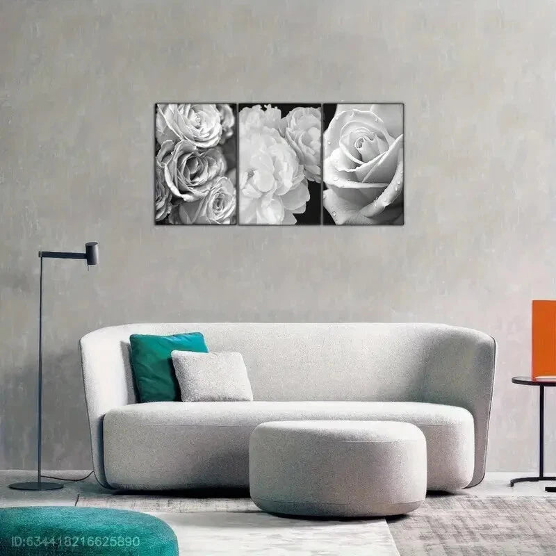 3pcs Floral Wall Art Minimalist Style Black White Metal Print Ready to Hang Art