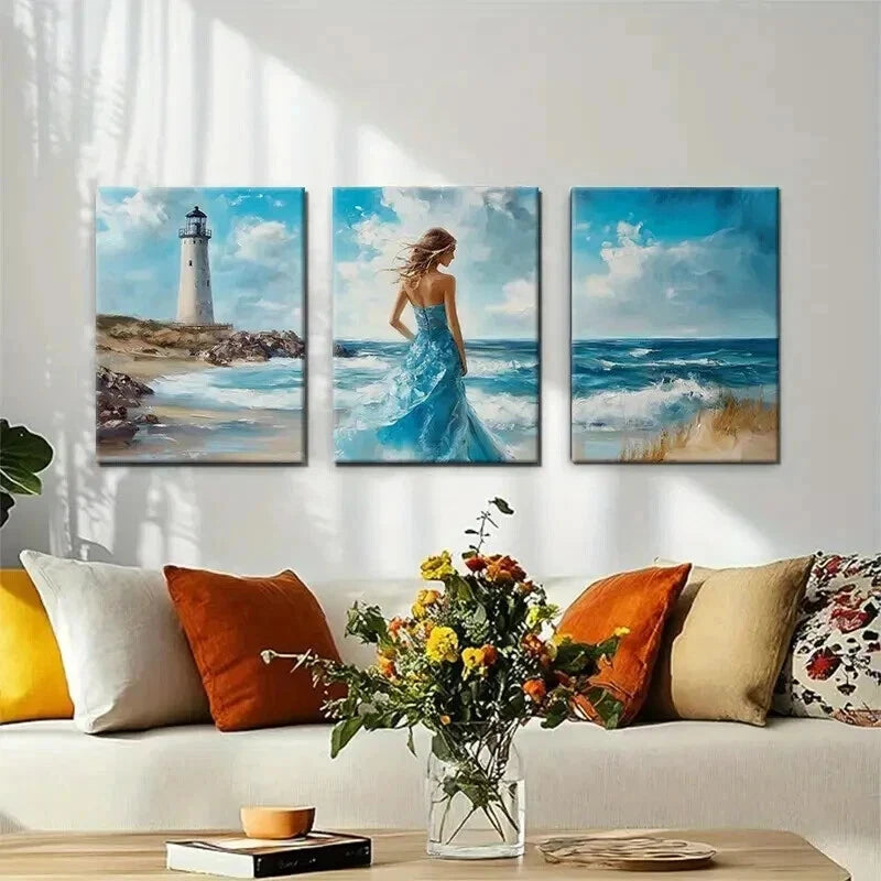 3pcs Coastal Serenity Lighthouse Ocean Perfect Wall Art Set Canvas Framed 40x60cm - High Quality Print 100% Australian Made Wall Canvas Ready to Hang