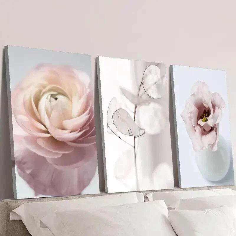 3pcs Pink Tudan Roses and Silver Fan Leaves Wall Art Set Canvas Framed 40x60cm - High Quality Print 100% Australian Made Wall Canvas Ready to Hang