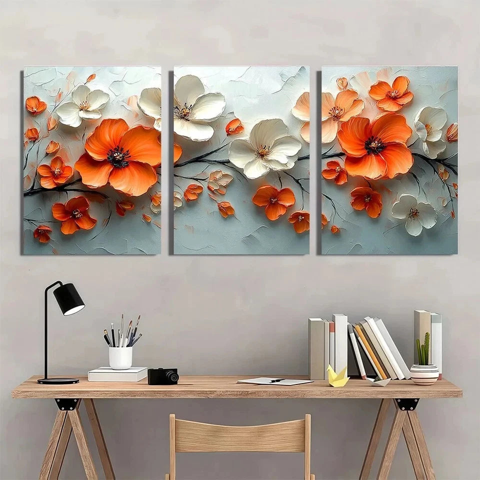 3pcs Vibrant Floral Abstract Orange White Flowers Metal Print Ready to Hang Art