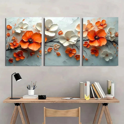 3pcs Vibrant Floral Abstract Orange White Flowers Metal Print Ready to Hang Art