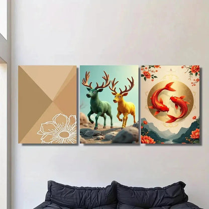3pcs Chic Traditional Deer & Koi Fish Nature Metal Print Ready to Hang Art