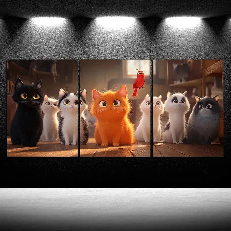 3pcs Black And White Cat And Orange Metal Print Ready to Hang Art