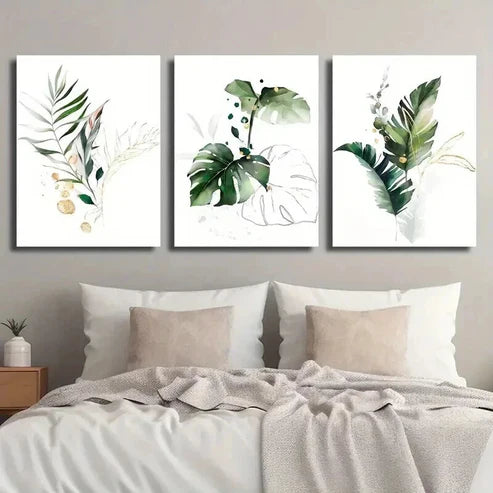 3pcs Green And Golden Fern Palm Tree Wall Art Set Canvas Unframed - High Quality Print 100% Australian Made Wall Canvas