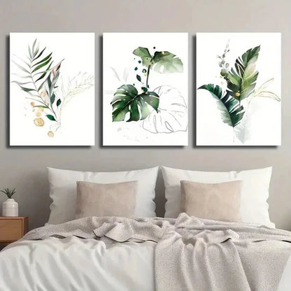3pcs Green And Golden Fern Palm Tree Wall Art Set Canvas Unframed - High Quality Print 100% Australian Made Wall Canvas